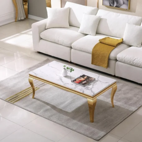 Henf 47" Modern White Faux Marble Center Table With Gold Mirrored Finish Stainless Steel Legs - Image 4