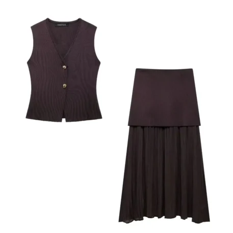 Women's 2 Piece Set V-Neck Sleeveless Button Knitted Top + Elegant Splicing High Waist Zipper Skirt - Image 9