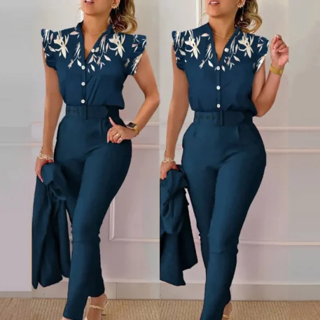 Elegant Short Sleeve Shirt and Pants Set - Image 10