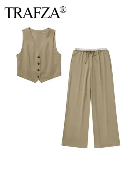 Summer Solid Sets - Sleeveless V Neck Buttons Vest + Elastic Waist Drawstring Straight Pants - Image 3
