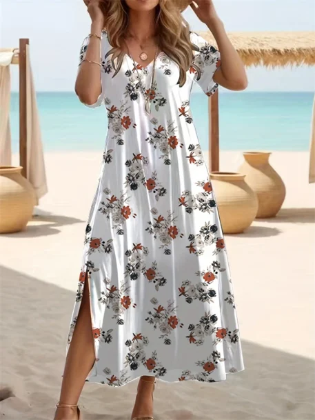 Women's Short Sleeve Long Floral Printed V Neck Dress - Image 3