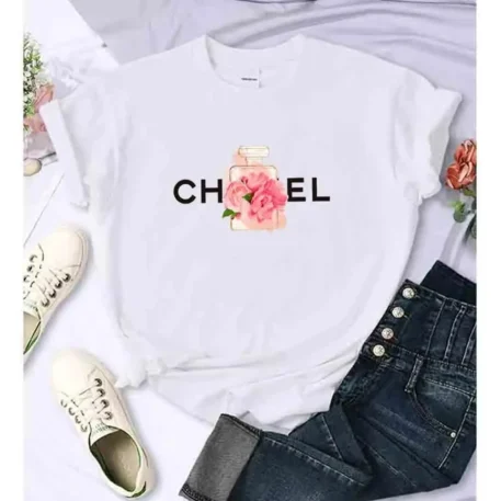 Summer T-Shirt - Cotton Alphabet Flowers Perfume Blouse - Image 2