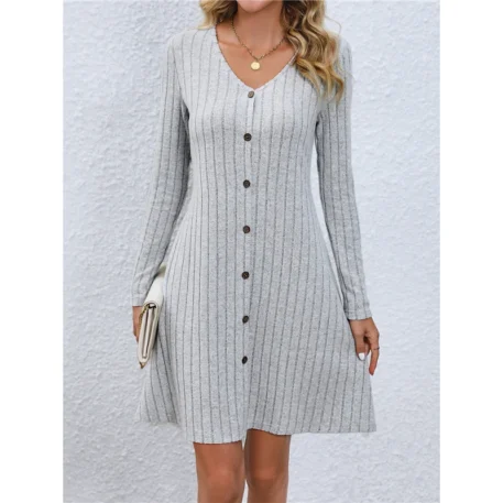 Fashion Button Ribbed  Dress High Waist Solid V Neck Slim Midi - Image 6