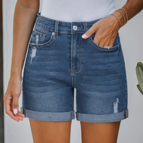 Stretchy High Waisted Ripped Denim Shorts - Image 7