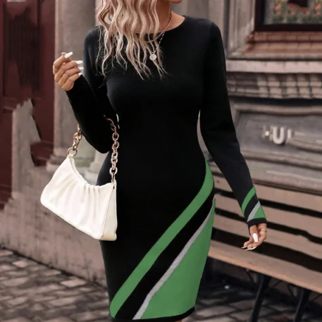 Spring -Autumn Long Sleeve Striped A-line Dress - Image 2