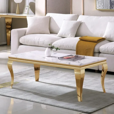 Henf 47" Modern White Faux Marble Center Table With Gold Mirrored Finish Stainless Steel Legs