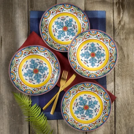 Zanzibar Collection 16 Piece Dinnerware Set Service for 4, Spanish Floral Design, Multicolor, Blue and Yellow - Image 2