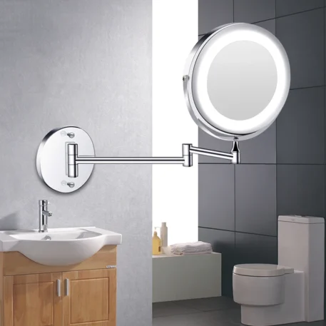 Wall Mounted Folding Arm Extend Bathroom Mirror With LED Light 10X Magnification