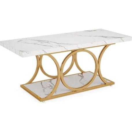 47.24-inch Modern Coffee Table  2-Tier Faux Marble Wood with Geometric Legs - Image 2