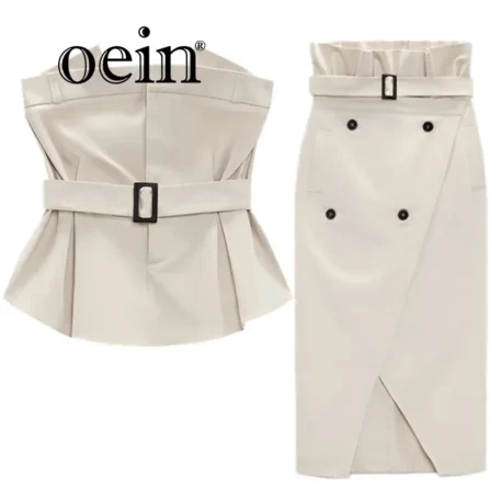 [oein] 2023 Summer New Y2K Socialite Slim Fit Pleated Strapless Top With Lace Waist And Skirt Set