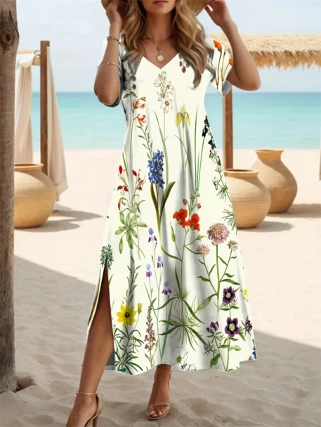 Women's Short Sleeve Long Floral Printed V Neck Dress - Image 2