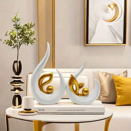 White & Gold Home Decor Accent Ceramic Statue Abstract Sculpture - Image 2