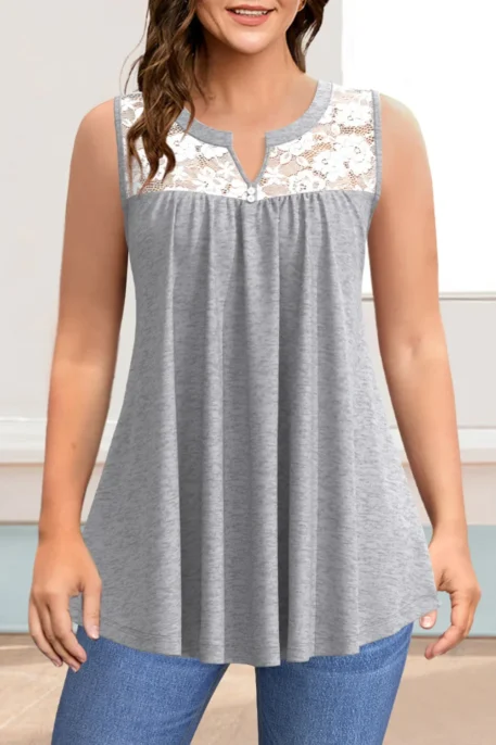 Plus Size Casual Grey Lace Tank Top