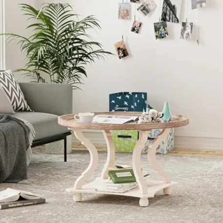 Round Farmhouse Coffee Table With Handmade Finish, Wood Tray Top - Image 5