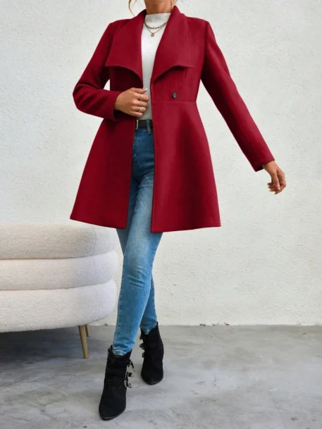 Winter Solid Color Long Sleeve Lapel Button-Up Coat - Image 5