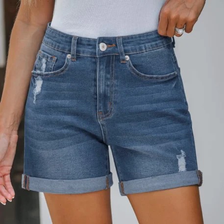 Stretchy High Waisted Ripped Denim Shorts