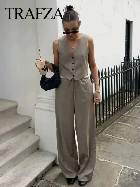 Summer Solid Sets - Sleeveless V Neck Buttons Vest + Elastic Waist Drawstring Straight Pants - Image 4