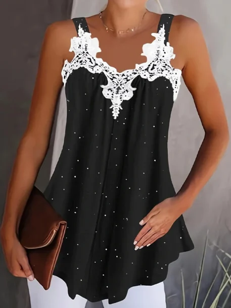 Women's V-Neck Sleeveless Lace Patchwork Tank Tops