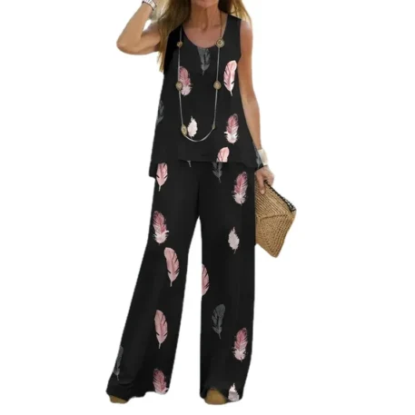 Women's 2 Piece Outfit Boho Casual Printed Sleeveless Top - Loose Wide Leg Pants - Image 5