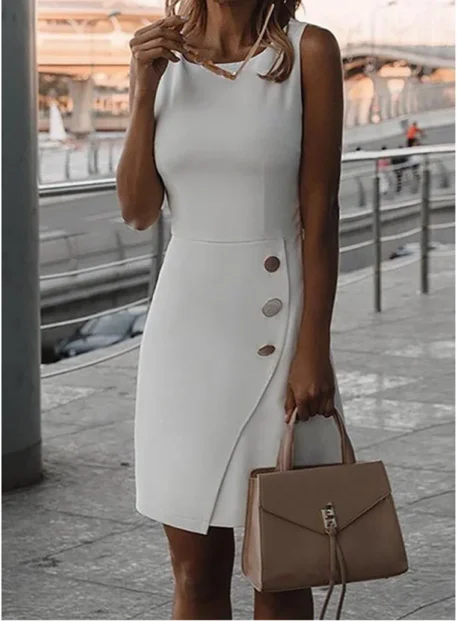 Ladies White Irregular Button Dress - Image 7