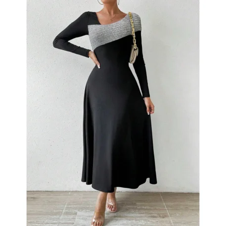 Women's Dress Elegant Contrast Color, Long Sleeve with a Round-Neck A-Line - Image 6