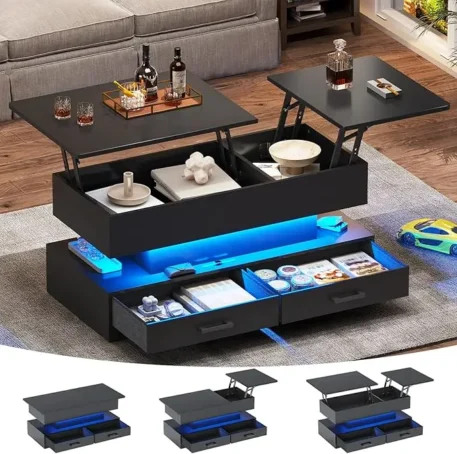 Lift Top Coffee Table with 2 Fabric Drawers & LED Light - Image 9