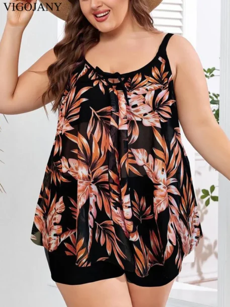 2025 Print Strapped 2 Piece Plus Size Tankini Set - Image 4