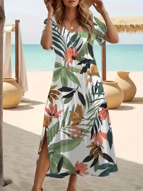 Women's Short Sleeve Long Floral Printed V Neck Dress - Image 18