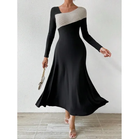 Women's Dress Elegant Contrast Color, Long Sleeve with a Round-Neck A-Line