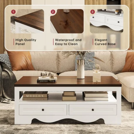 Farmhouse Coffee Table with Storage, 47.6"  with 4 Large Drawers - Image 4