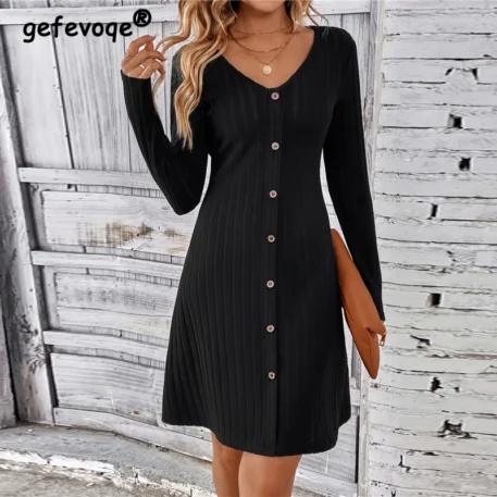 Fashion Button Ribbed  Dress High Waist Solid V Neck Slim Midi