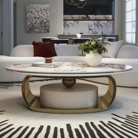 55" Modern Oval Coffee Table with Abstract Metal Base - Image 7