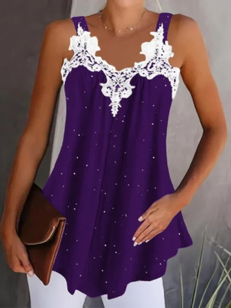 Women's V-Neck Sleeveless Lace Patchwork Tank Tops - Image 3