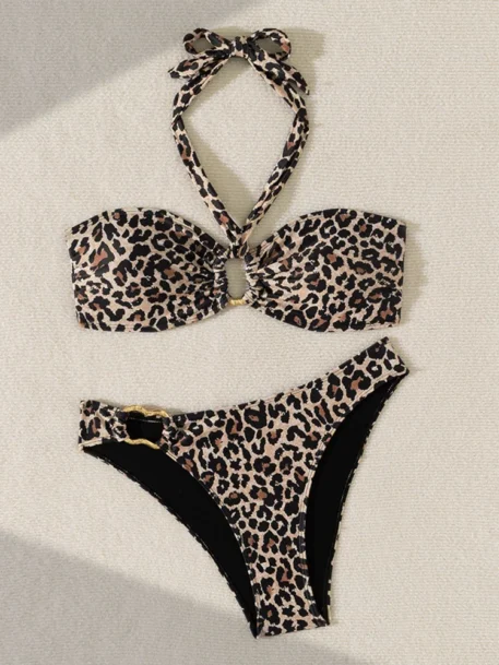 Leopard Swimwear Tied Halter Push Up Bikini - Image 6