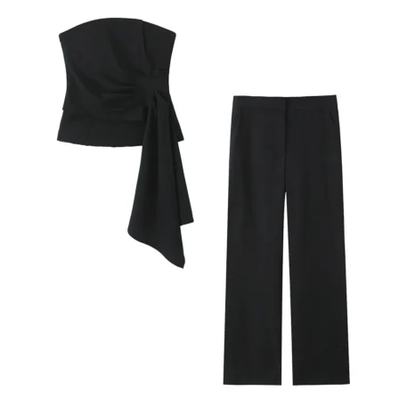 TRAFZA Women's 2 Piece Set - Solid Asymmetric Short Vest with High Waist Casual Wide Leg Pants - Image 11