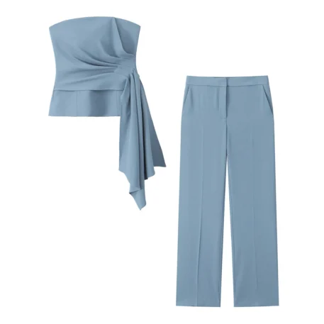 TRAFZA Women's 2 Piece Set - Solid Asymmetric Short Vest with High Waist Casual Wide Leg Pants - Image 14