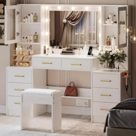 Makeup Vanity 58.3" with Mirror, 10 LED Lights, 8 Metal Sliding Drawers & 2 Cabinets