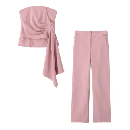 TRAFZA Women's 2 Piece Set - Solid Asymmetric Short Vest with High Waist Casual Wide Leg Pants - Image 7