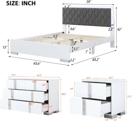 Queen Size Upholstered Platform Bed With Led Lights, 2 Mirrored Nightstands And Dresser - Image 2