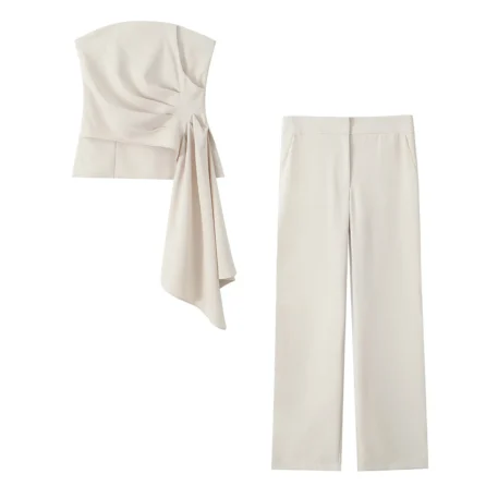 TRAFZA Women's 2 Piece Set - Solid Asymmetric Short Vest with High Waist Casual Wide Leg Pants - Image 16