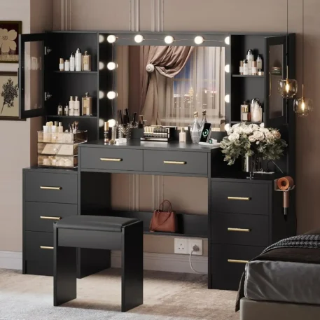 Makeup Vanity 58.3" with Mirror, 10 LED Lights, 8 Metal Sliding Drawers & 2 Cabinets - Image 7