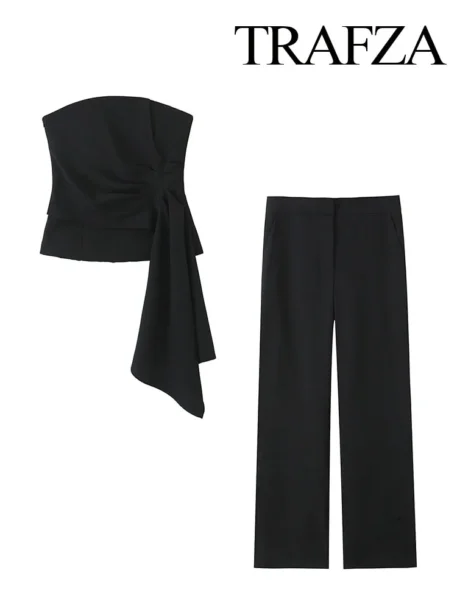TRAFZA Women's 2 Piece Set - Solid Asymmetric Short Vest with High Waist Casual Wide Leg Pants - Image 6