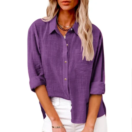 Casual Cotton - Linen Long Sleeve Top - Image 17