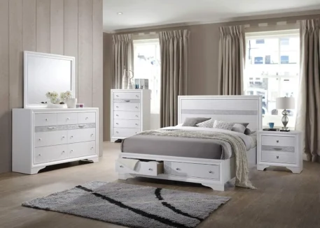 6-Piece King Size Bedroom Set. Bed, Dresser, Mirror, Chest & 2 Night Stands, White