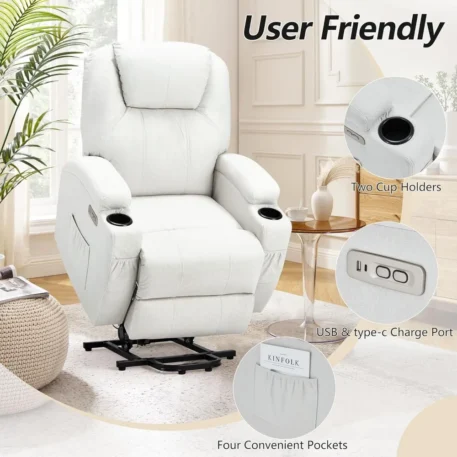 Power Lift Recliner Chair with Side Pockets, USB & Type-C Ports, Cup Holders - Image 5