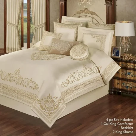 Versailles Luxury Bedding, Palace-Inspired Golden Scrollwork Embroidery on Sateen 4/7/11 Piece Set - Image 2