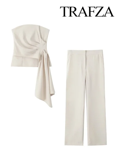 TRAFZA Women's 2 Piece Set - Solid Asymmetric Short Vest with High Waist Casual Wide Leg Pants - Image 5
