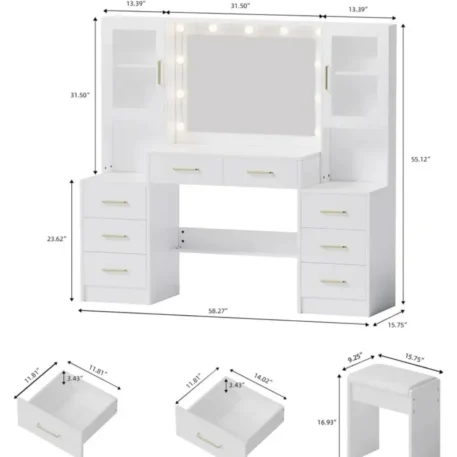 Makeup Vanity 58.3" with Mirror, 10 LED Lights, 8 Metal Sliding Drawers & 2 Cabinets - Image 2