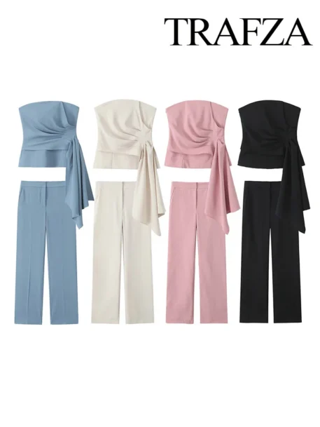 TRAFZA Women's 2 Piece Set - Solid Asymmetric Short Vest with High Waist Casual Wide Leg Pants - Image 3
