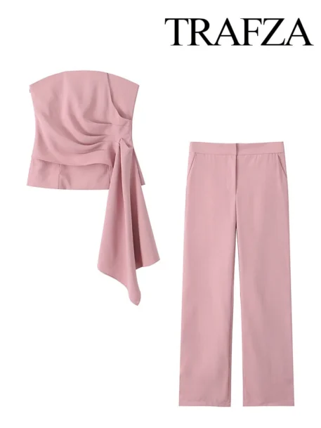 TRAFZA Women's 2 Piece Set - Solid Asymmetric Short Vest with High Waist Casual Wide Leg Pants - Image 4